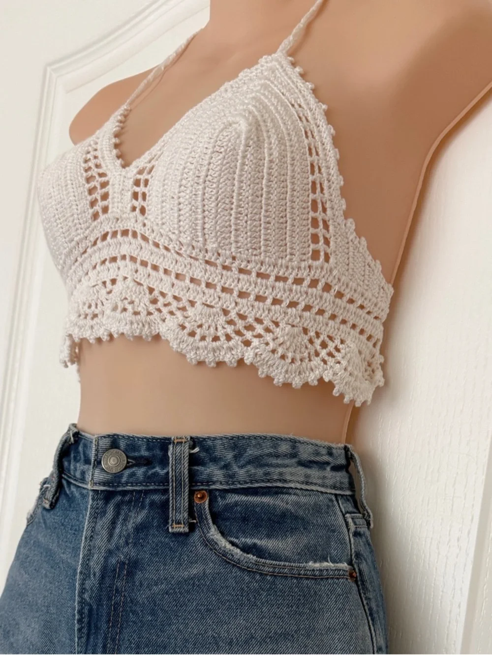 White Crochet Halter Top Boho Festival Lace Bralette Tie Back, Size S